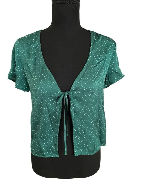 Aerie Off-Duty Satin Emerald Green Polka Dot Tie-Front Blouse size XS - Picture 3 of 13